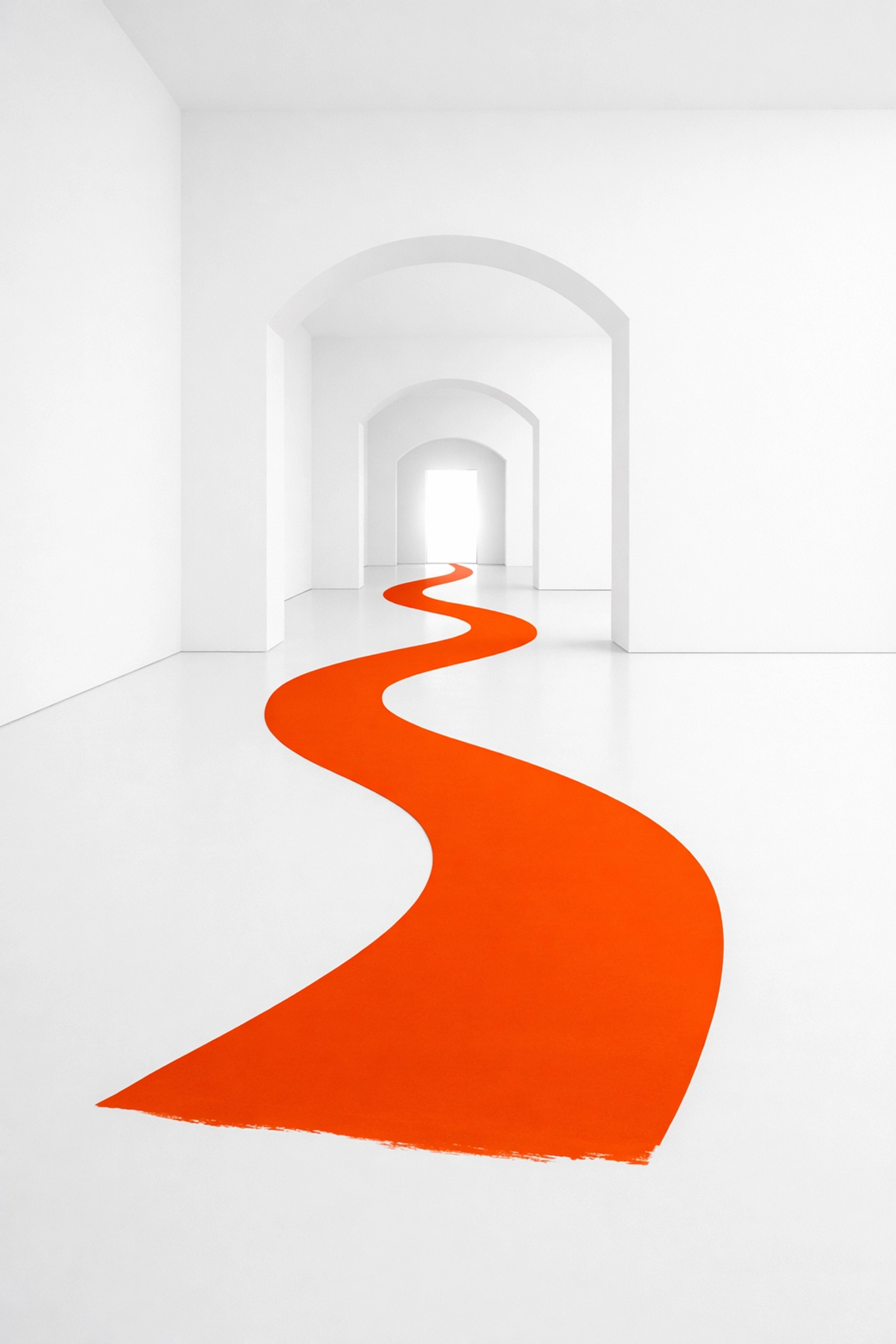 An orange path through a minimalist room illustrating landing page visual hierarchy and focus.