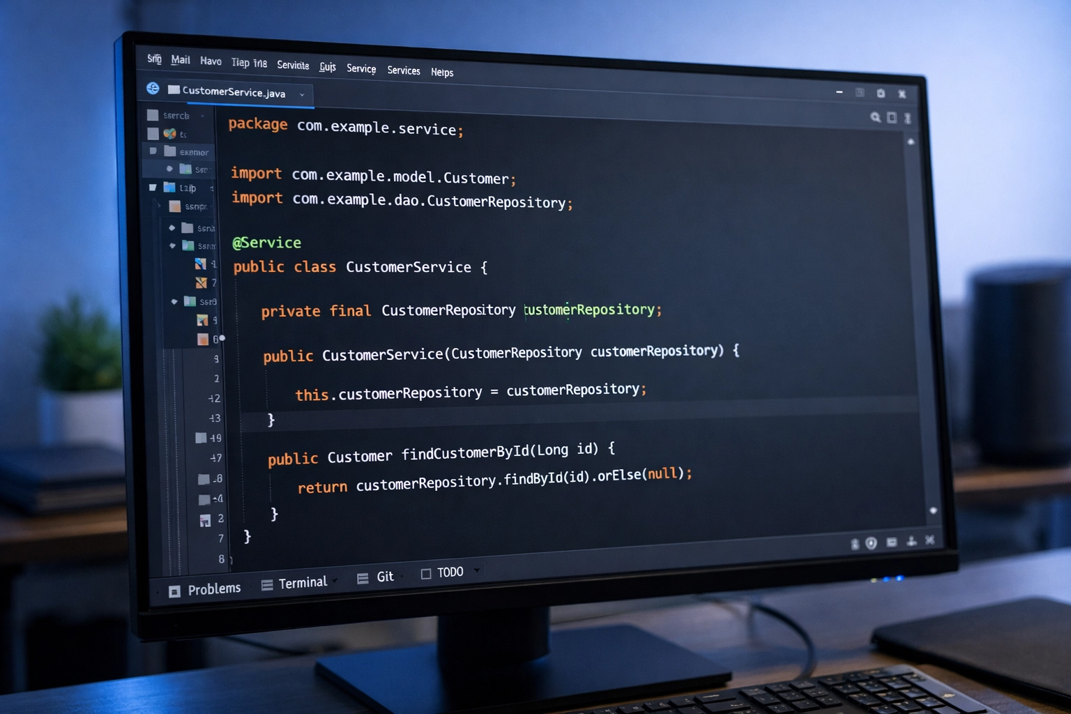 Close-up of a modern IDE displaying Java code with an enterprise-grade UI and premium developer workstation aesthetic.