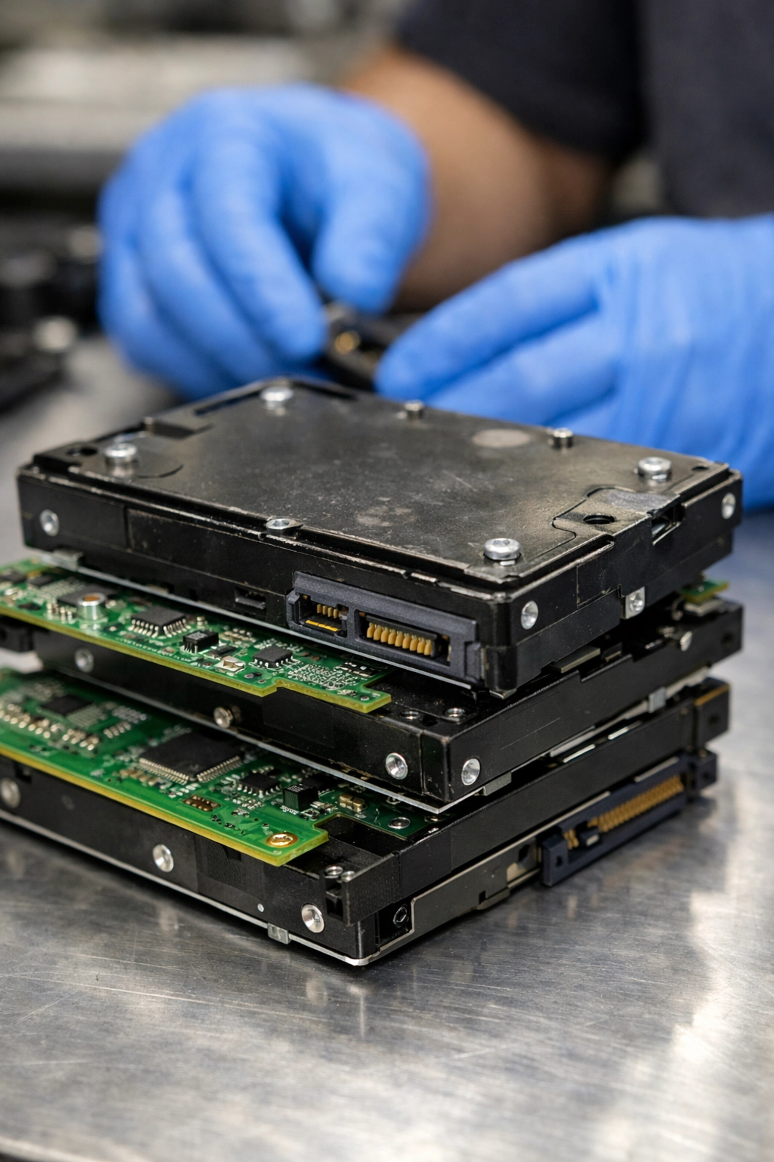 Close-up of computer hard drives and components for secure data destruction and IT recycling.