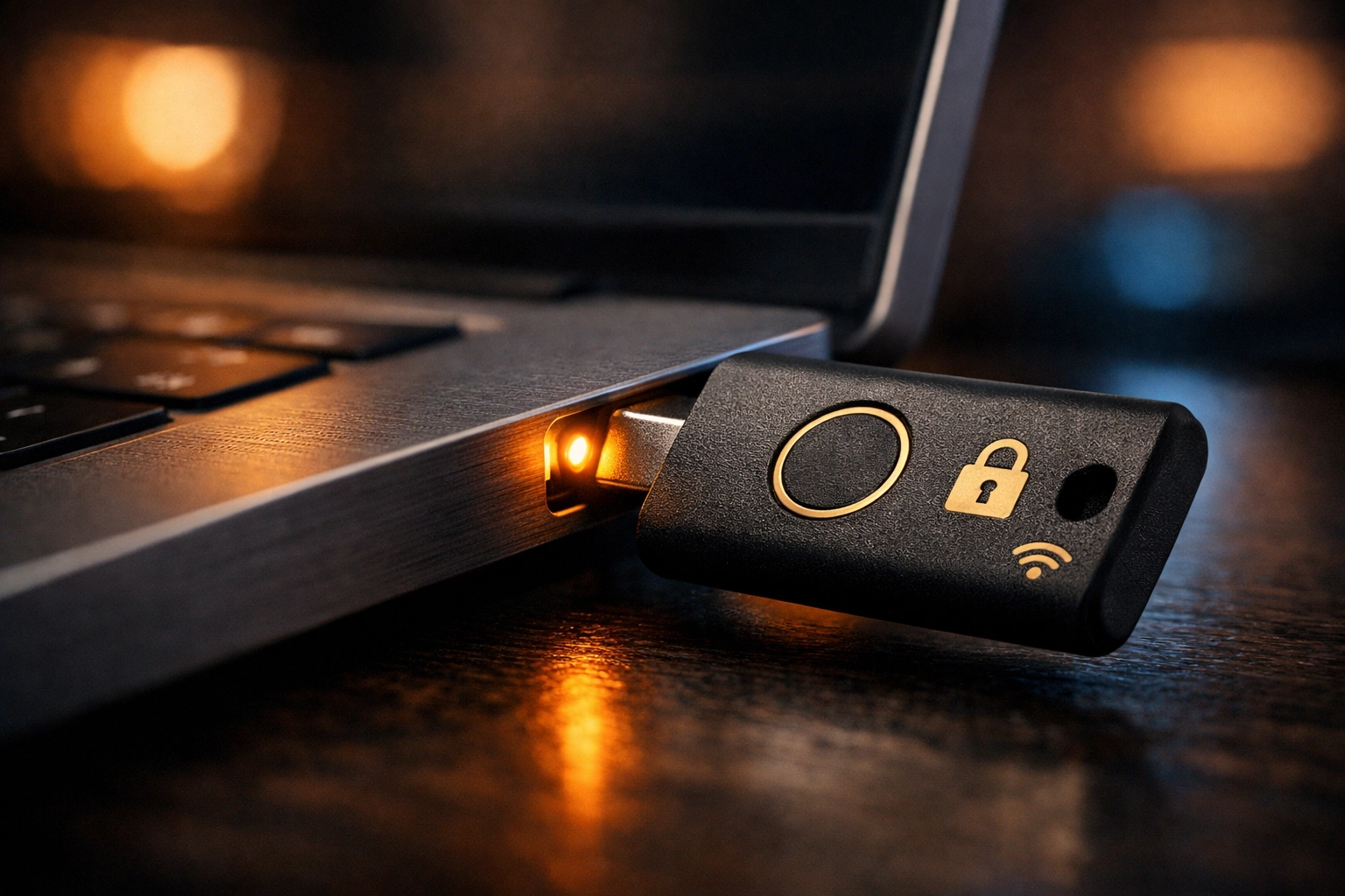 A hardware security key inserted into a laptop for phishing-resistant MFA and Microsoft 365 account security.