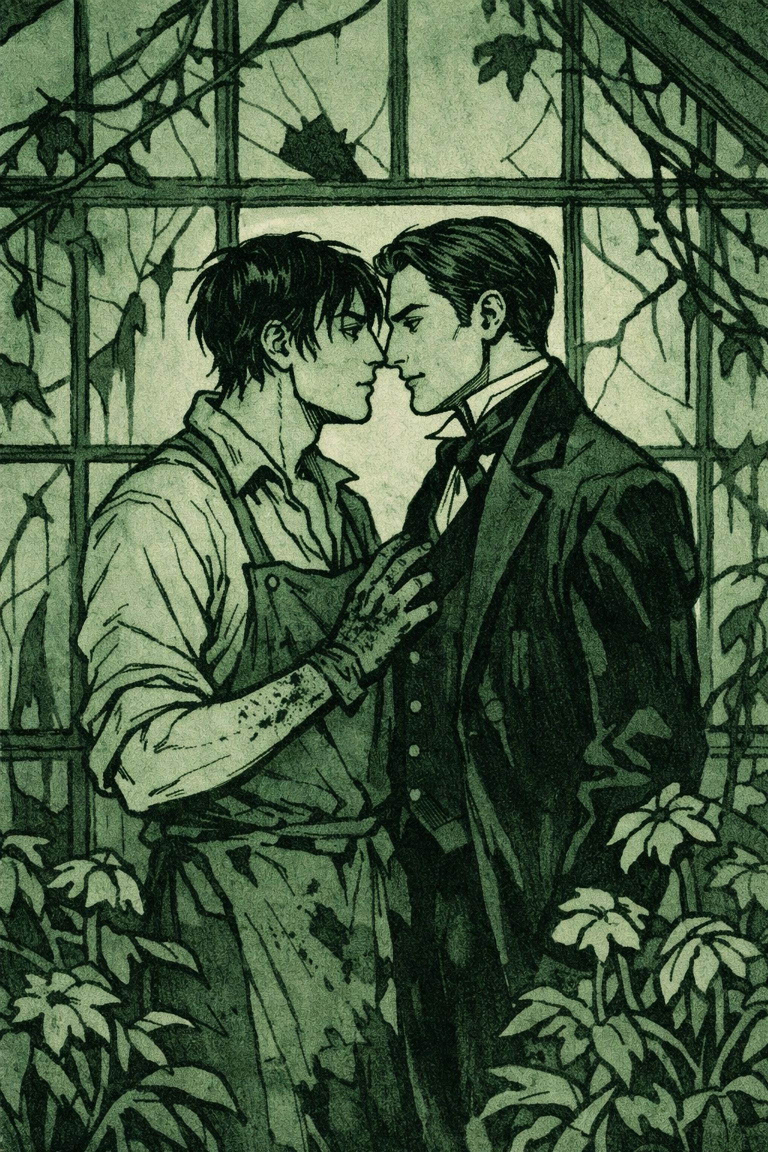 Forbidden gay romance: two men face each other in Victorian greenhouse, desire mixed with danger