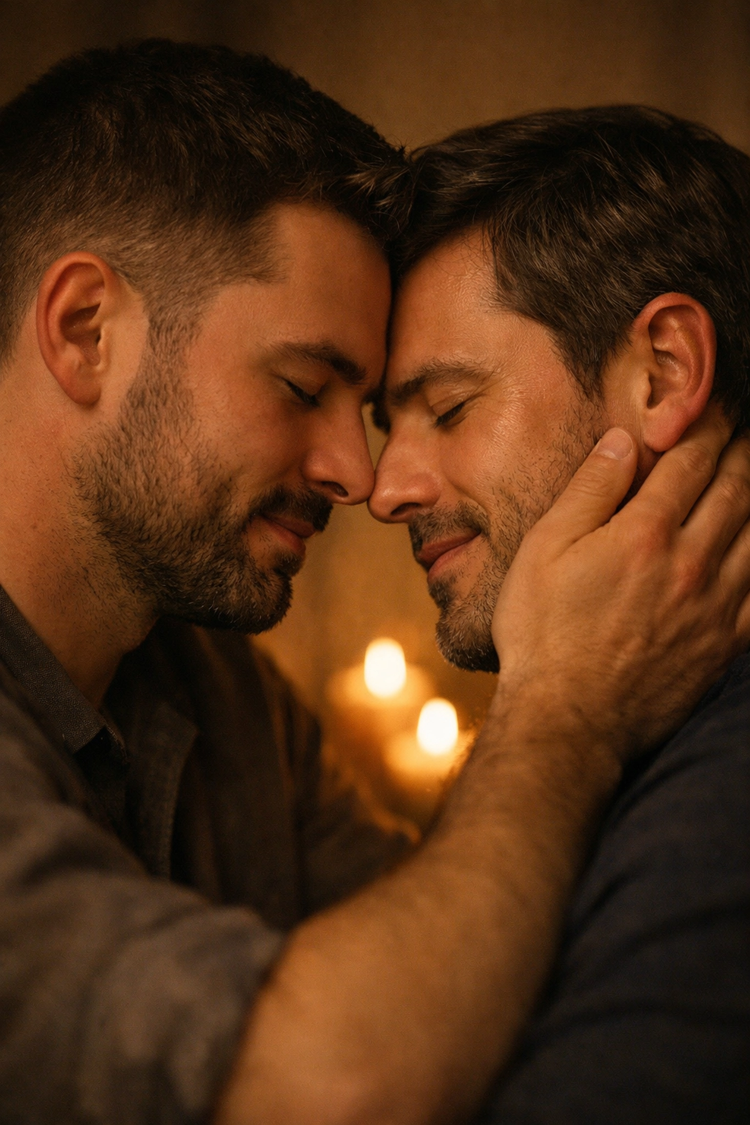 An intimate moment between two men, highlighting the deep emotional connection in MM contemporary romance.