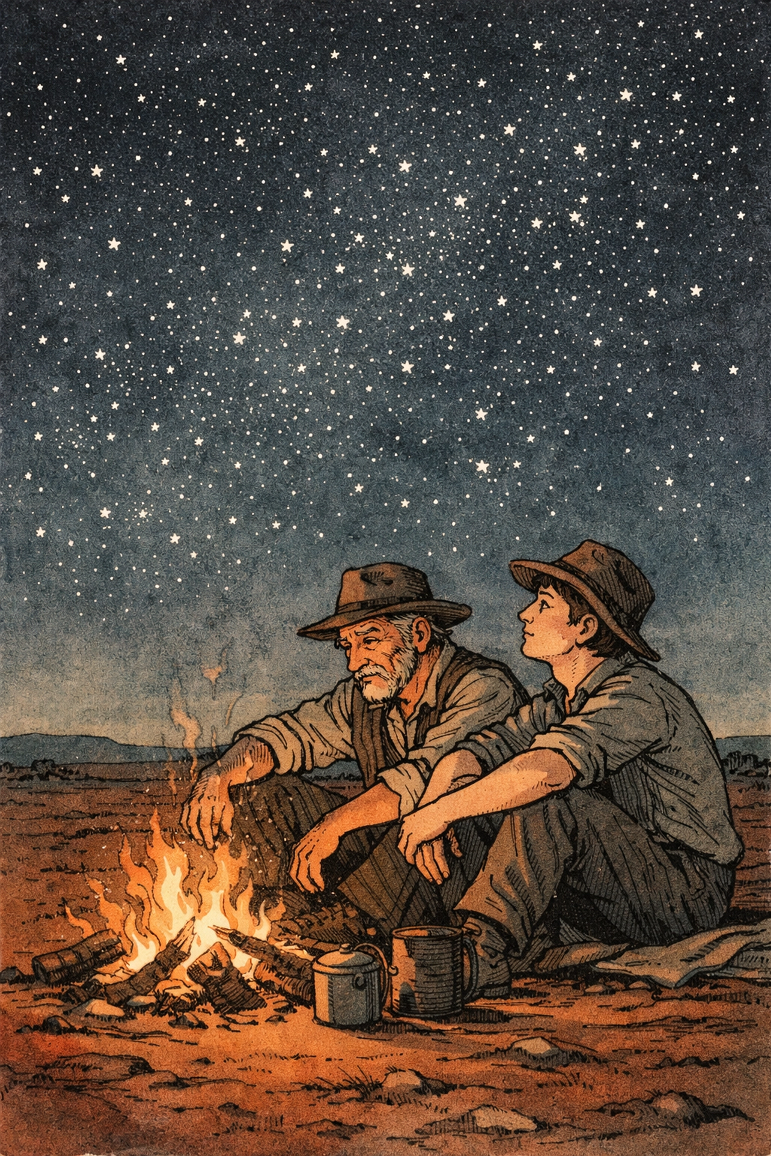 Two men share intimate moment by campfire under Outback stars in historical MM romance