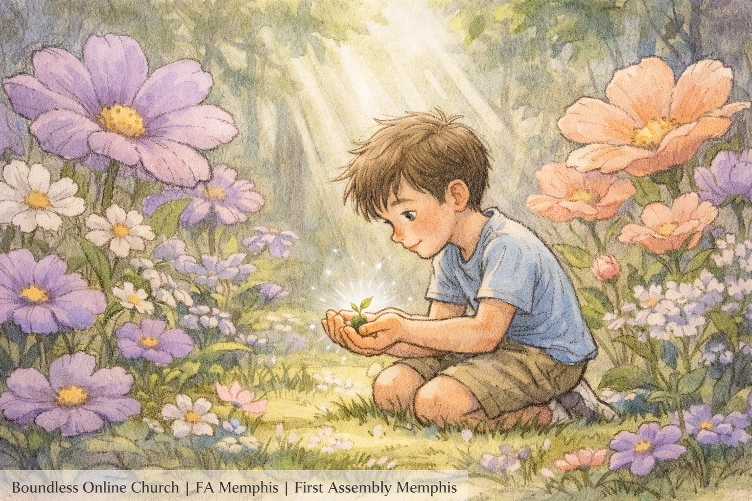 A child nurturing a glowing sprout, illustrating faith in Christian short stories for FA Memphis families.