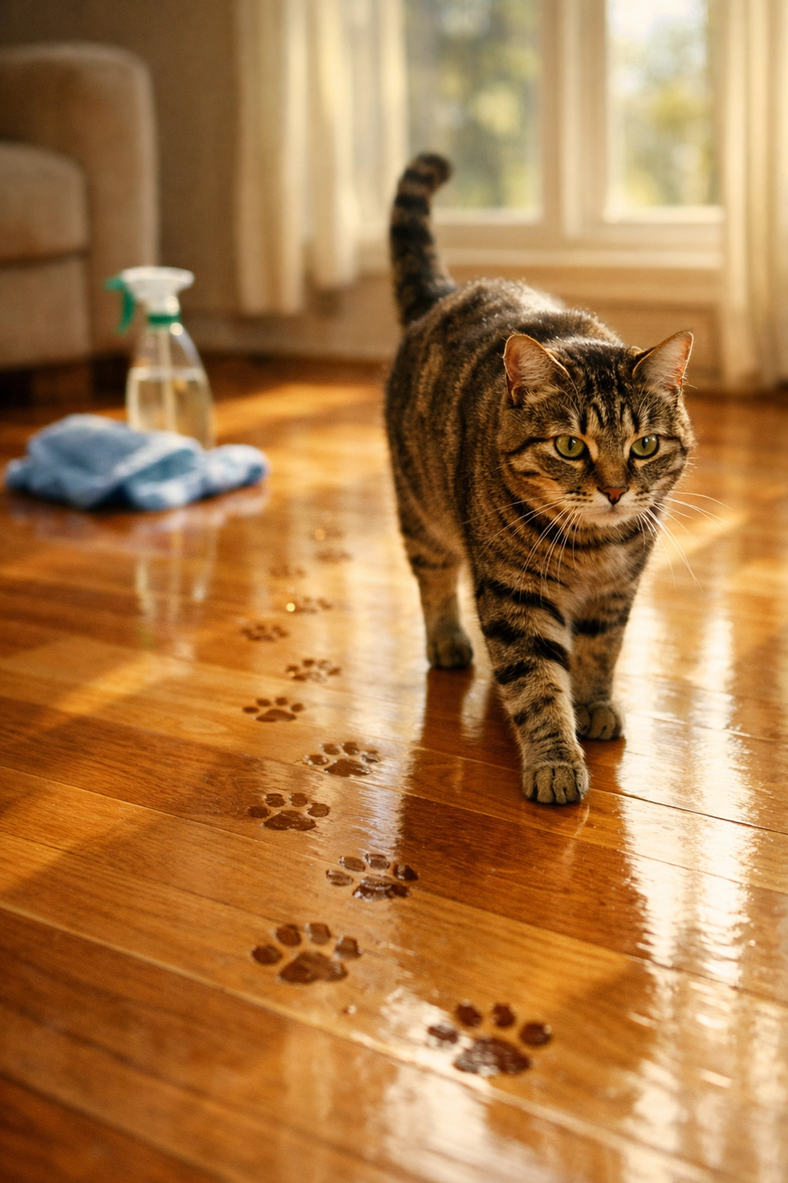 Cat walking on freshly cleaned hardwood floor with pet-safe cleaning products