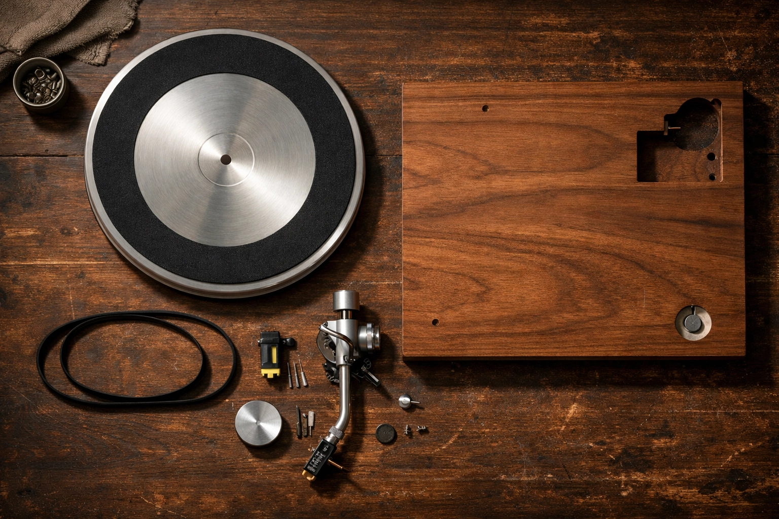 Turntable components including platter, tonearm, cartridge, and belt laid out on workbench