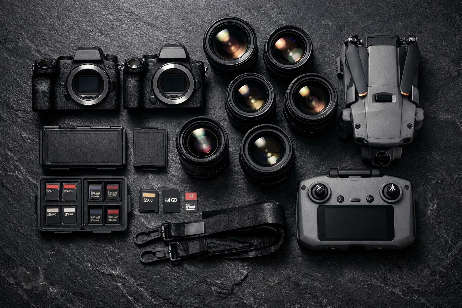Top-down view of professional photography gear including mirrorless cameras, lenses, and a drone.