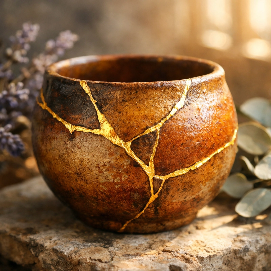 Kintsugi pottery with gold repairs, symbolizing personal transformation and resilience in the healing journey.