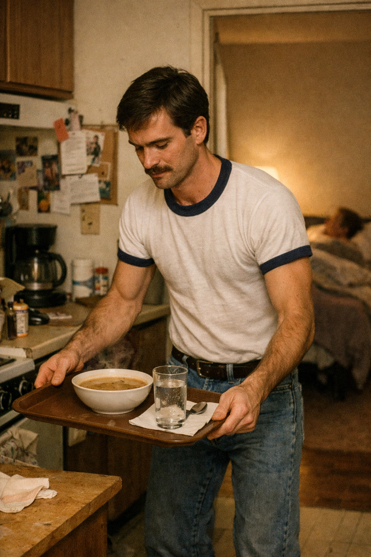 A volunteer prepares soup for a friend in a cozy kitchen, illustrating the devotion found in emotional MM books.