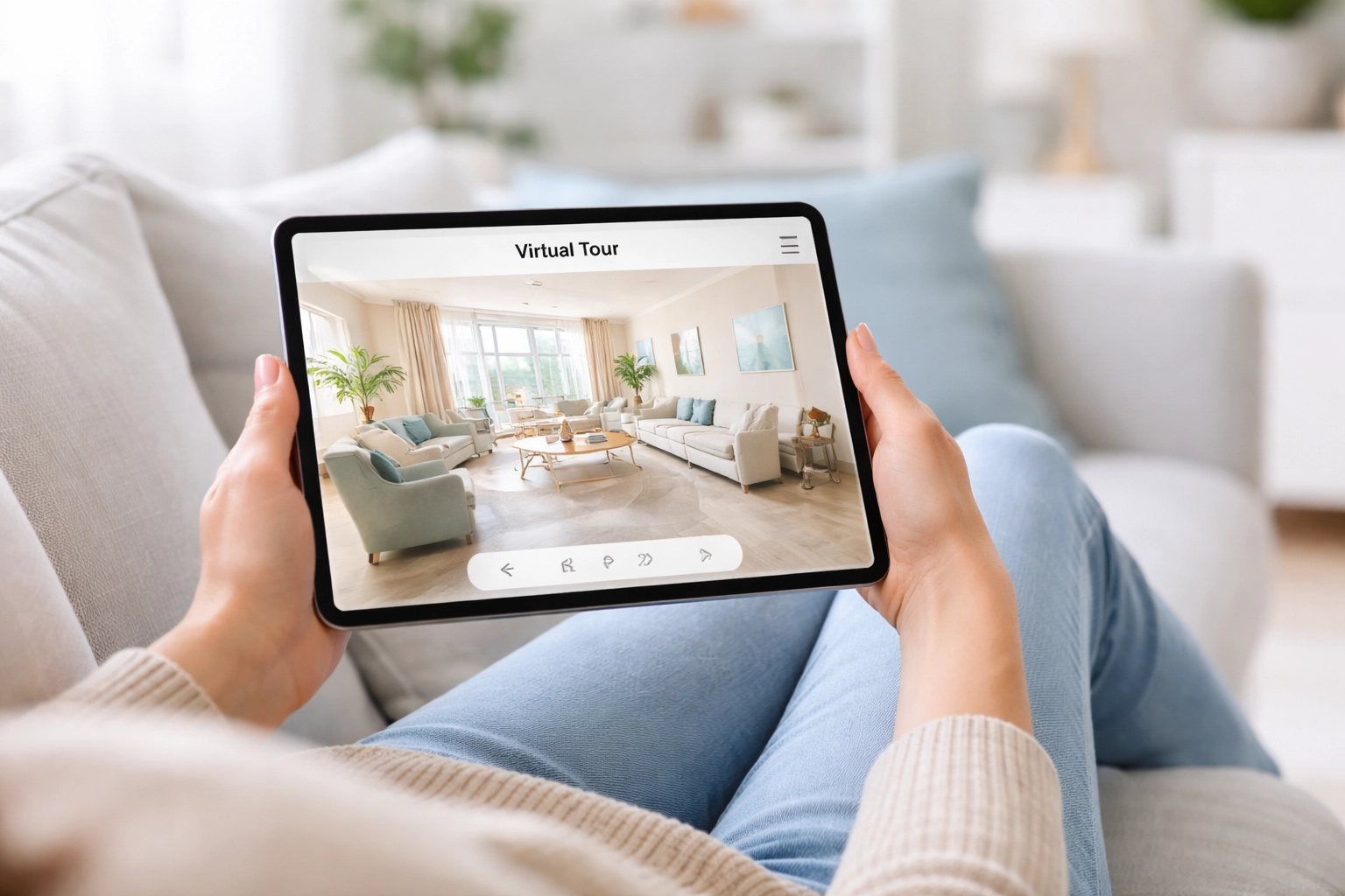 Person exploring a virtual treatment center tour on a tablet in a bright comfortable living room, conveying trust and accessibility