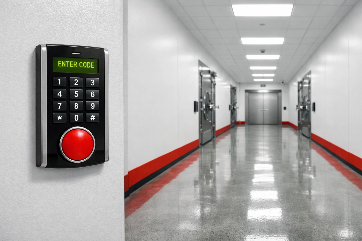Secure Hertford storage facility corridor featuring high-tech digital access keypads for business unit safety.