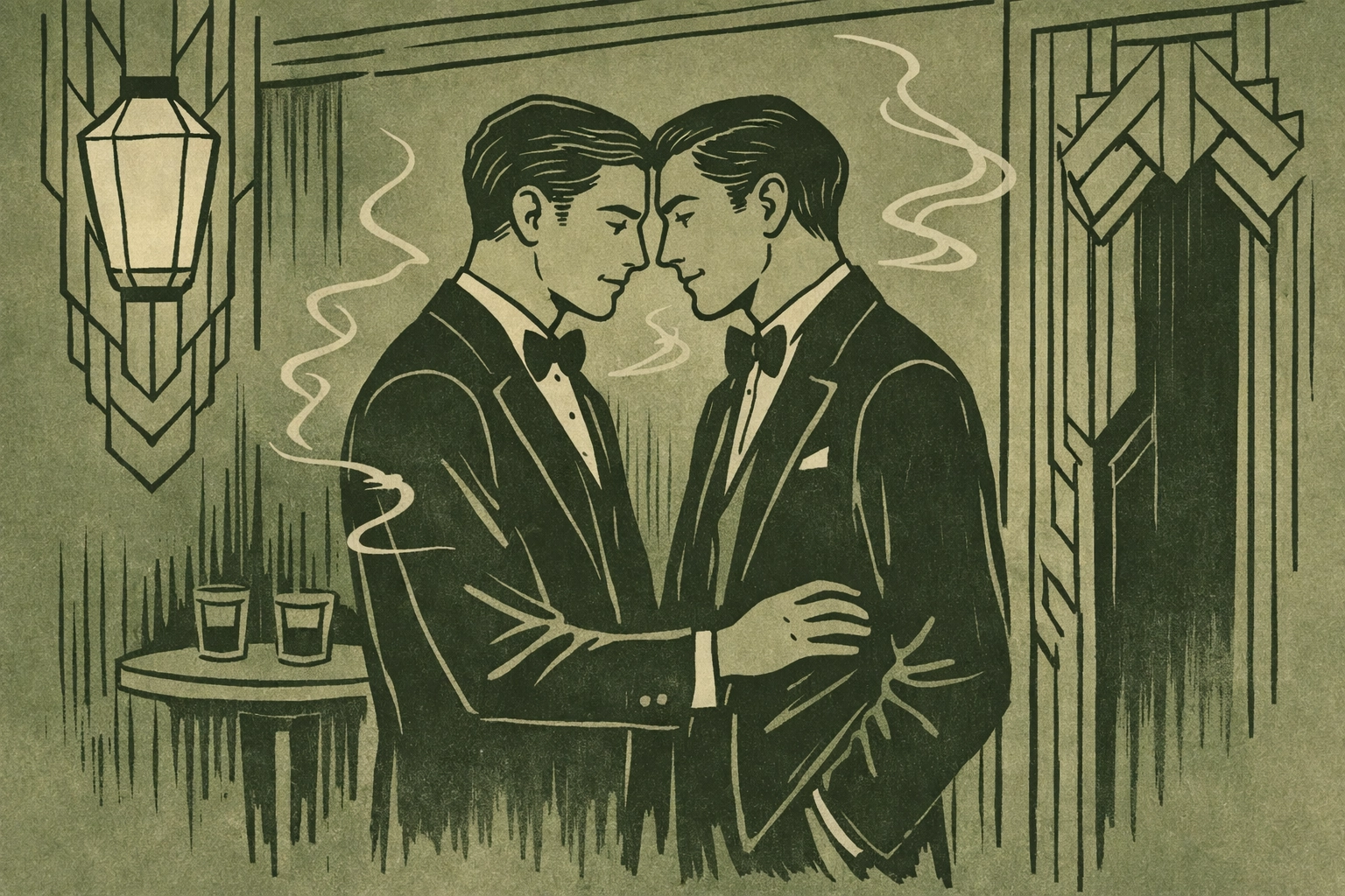 Two gay men share intimate moment in 1920s art deco speakeasy during secret soiree