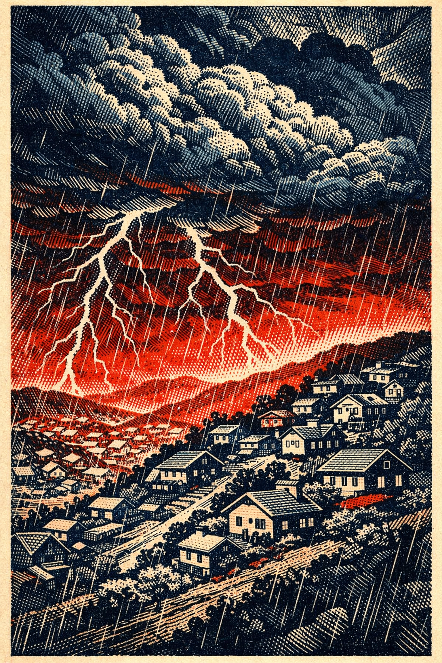 Storm clouds and lightning over hillside homes illustrating severe weather preparedness