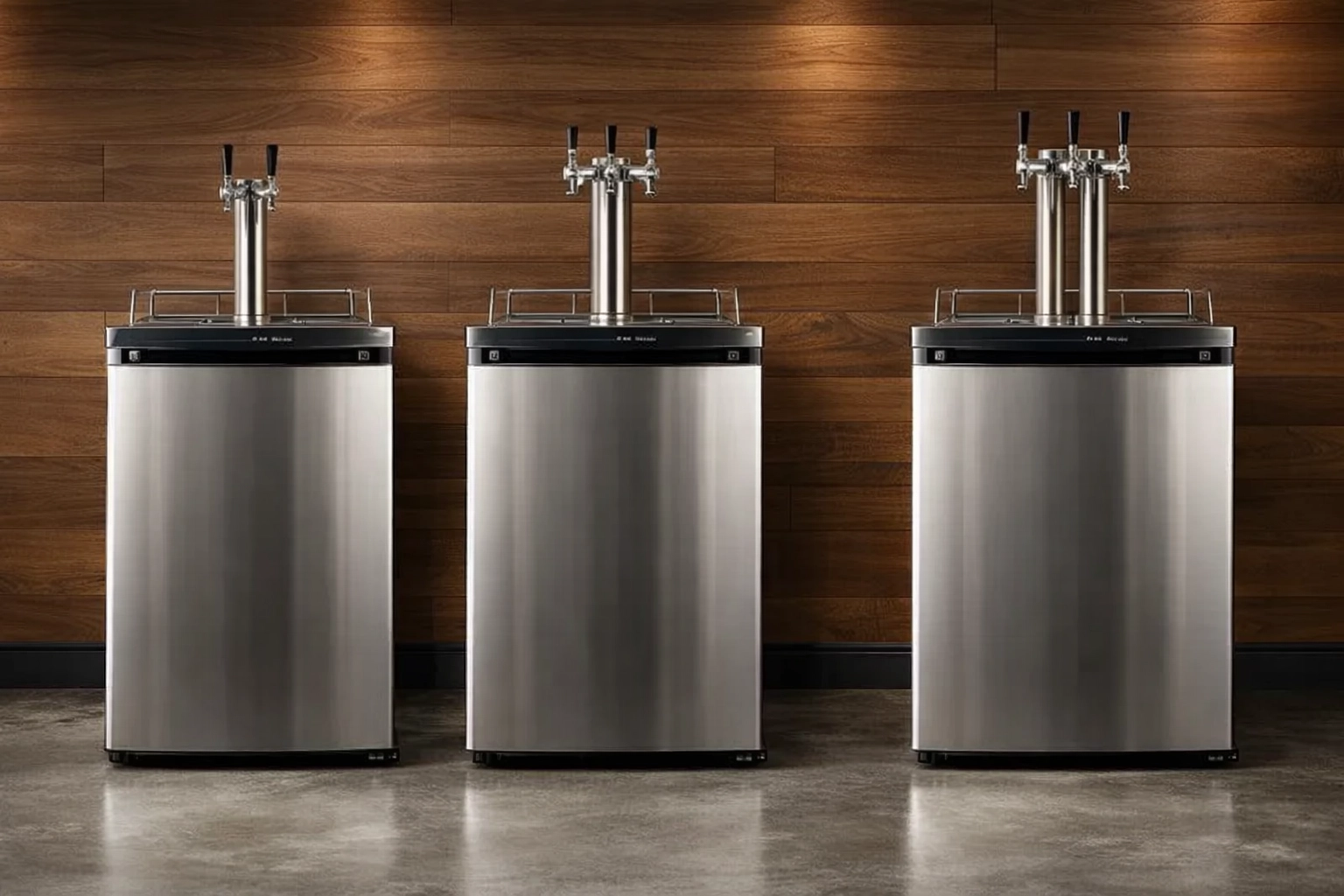 Single, dual, and triple tap kegerator configurations in a luxury home bar setting