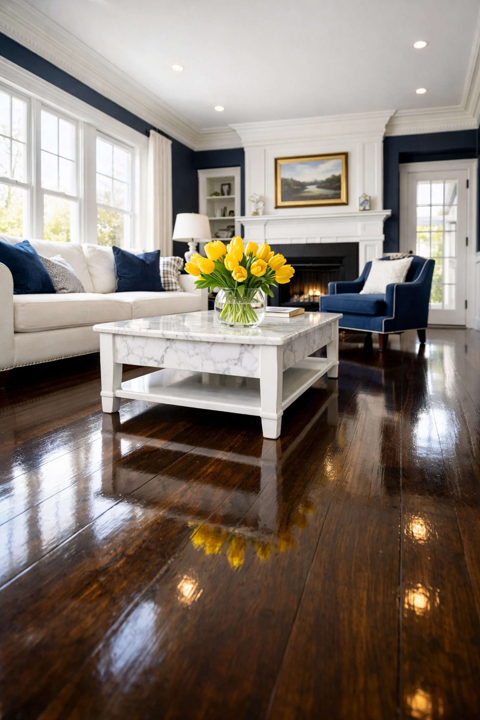 Pristine living room with polished hardwood floors in a well-maintained Massachusetts home.