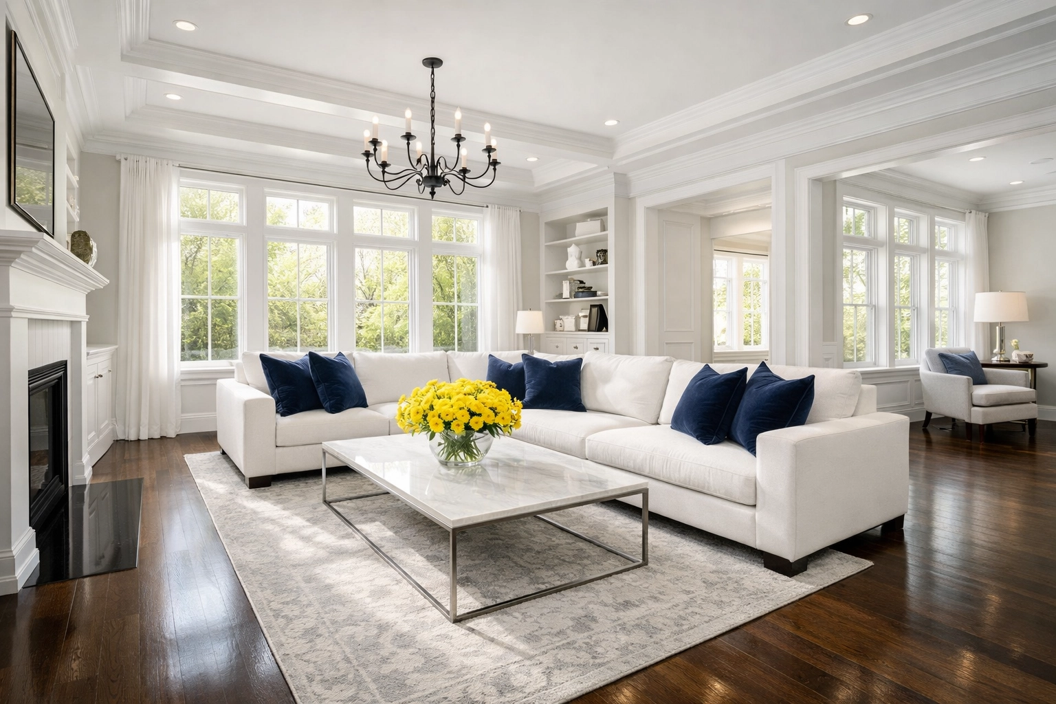 Sunlit luxury Massachusetts living room showing results of a professional deep cleaning MA.