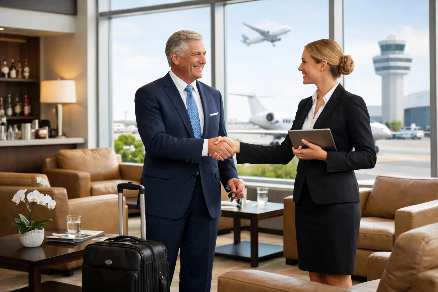 Airport VIP lounge with concierge greeting executive traveler for seamless Super Bowl travel