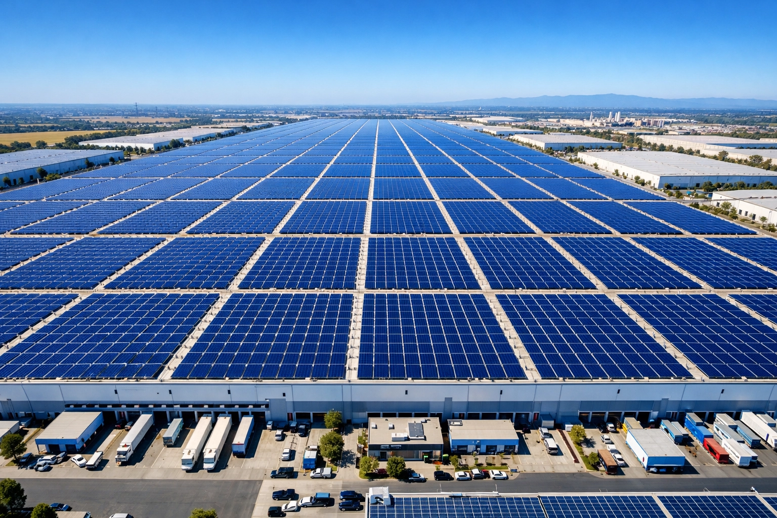 Ripresa aerea di una vasta distesa di pannelli fotovoltaici su tetti di capannoni industriali.
