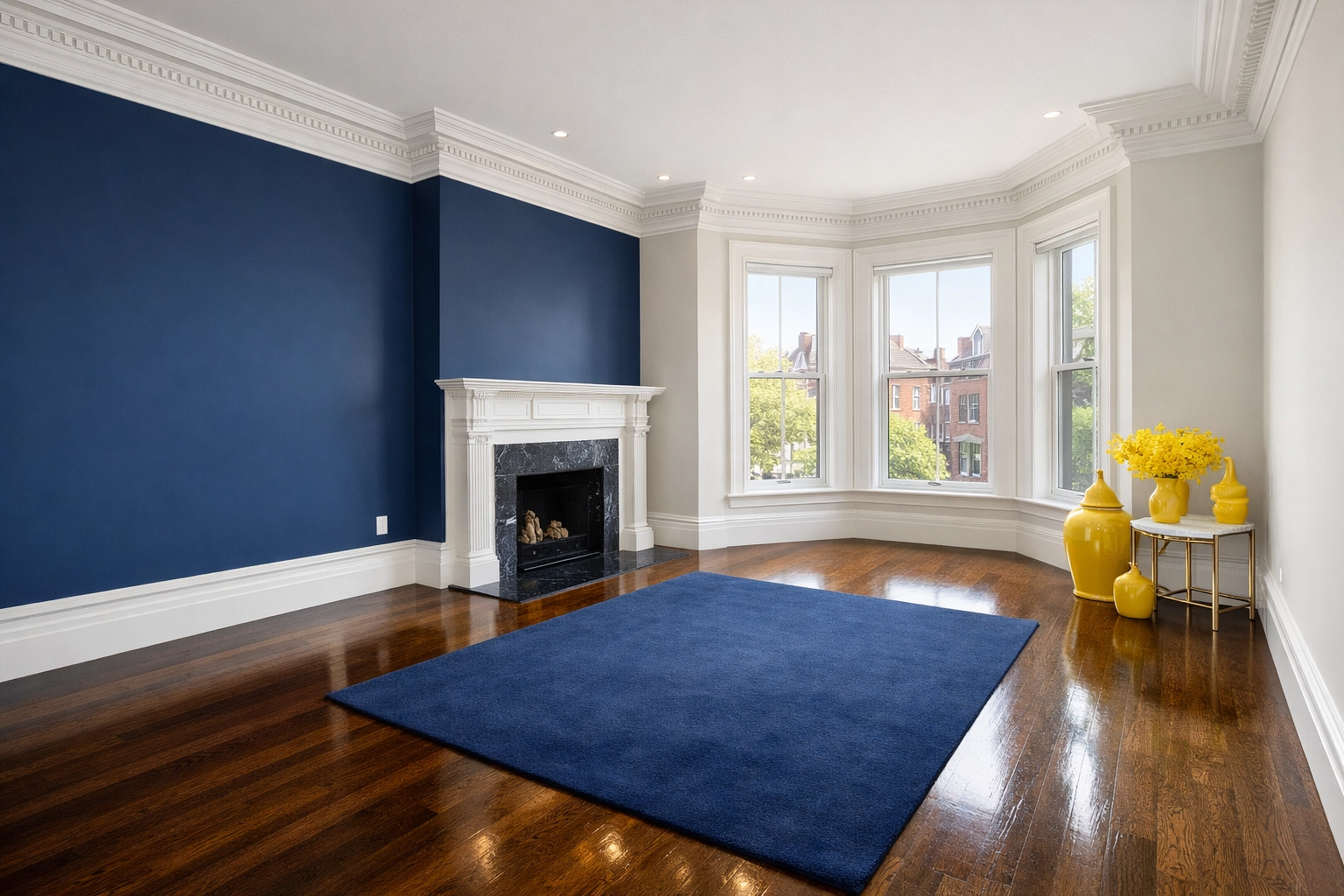 Professional apartment turnover cleaning in a classic Boston brownstone bedroom with polished hardwood floors.
