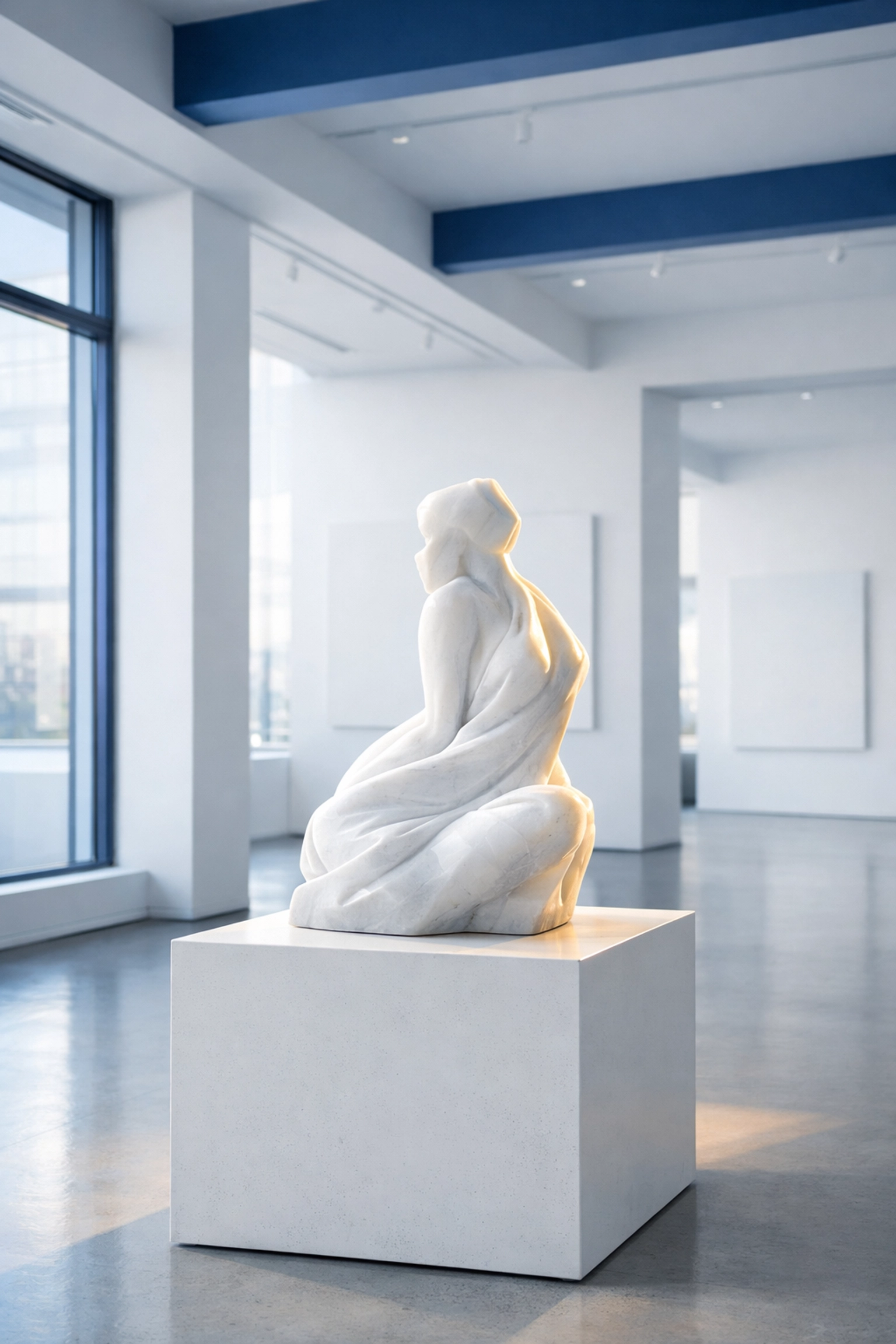 Pristine art gallery interior showing a dust-free marble sculpture and clean minimalist display.