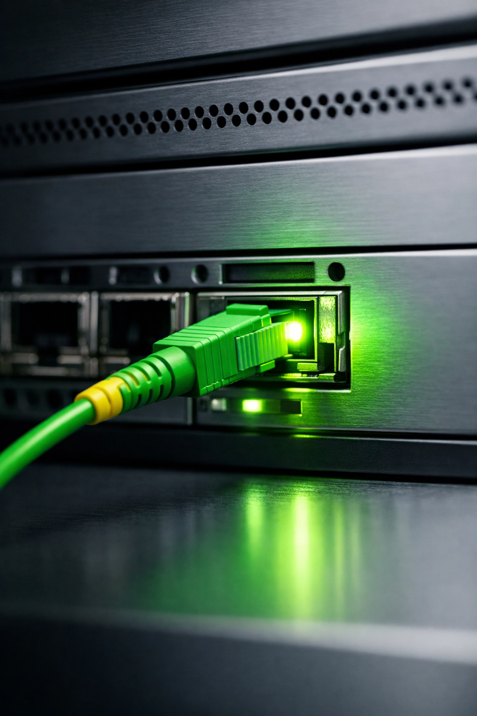 Securing a server rack with fiber optics, representing CMMC network security services in Ventura.