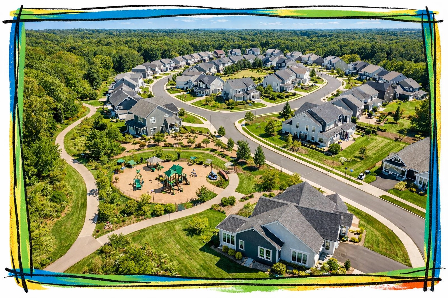 New construction neighborhood with walking trails and community green spaces New construction neighborhood with walking trails and community green spaces