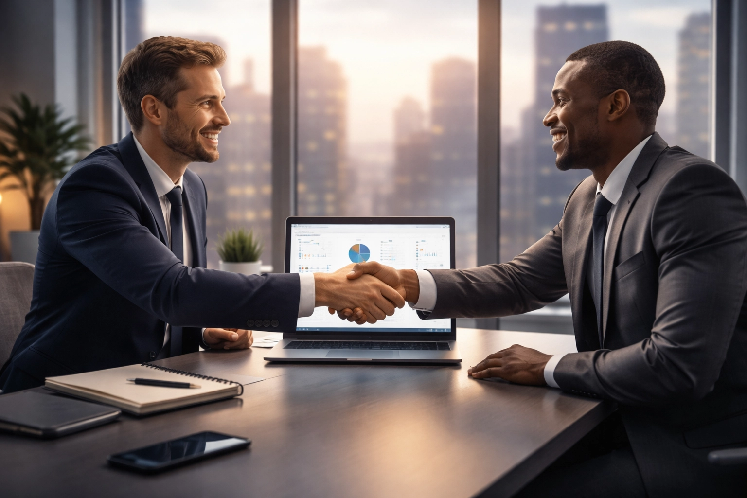 Business leaders shake hands over analytics, highlighting successful AI consulting partnership