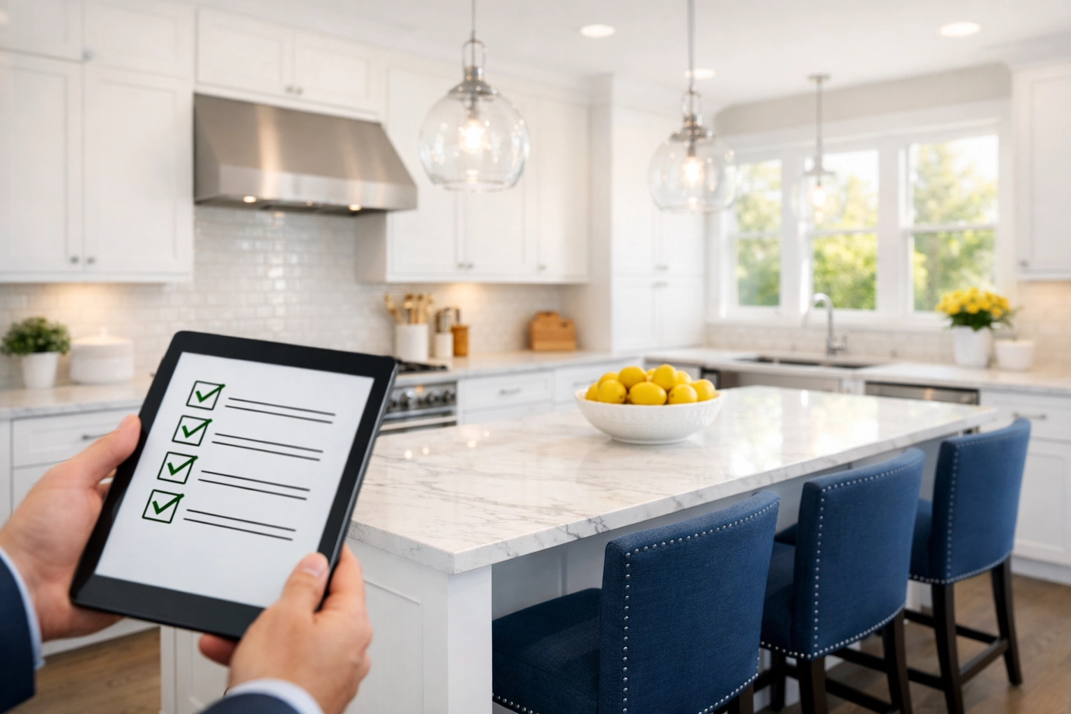 Spotless modern Westford kitchen highlighting the importance of professional checklists for high-quality house cleaning.