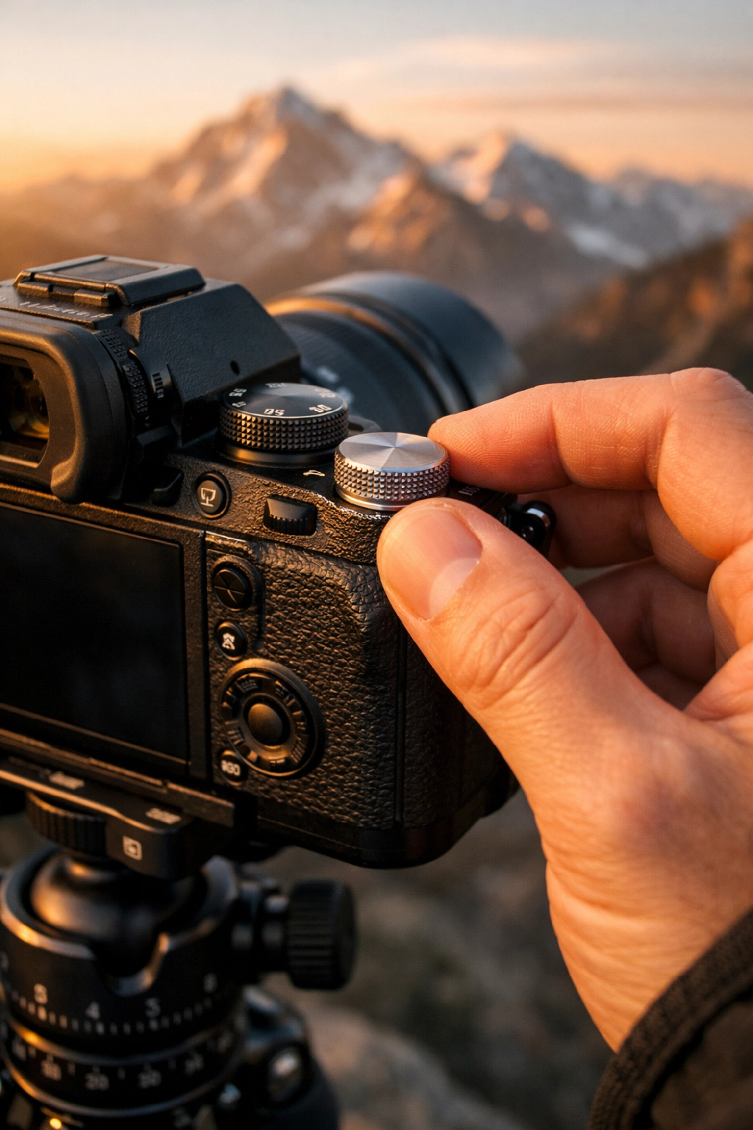 Photographer adjusting manual mode settings on a camera dial for a sunset landscape photo