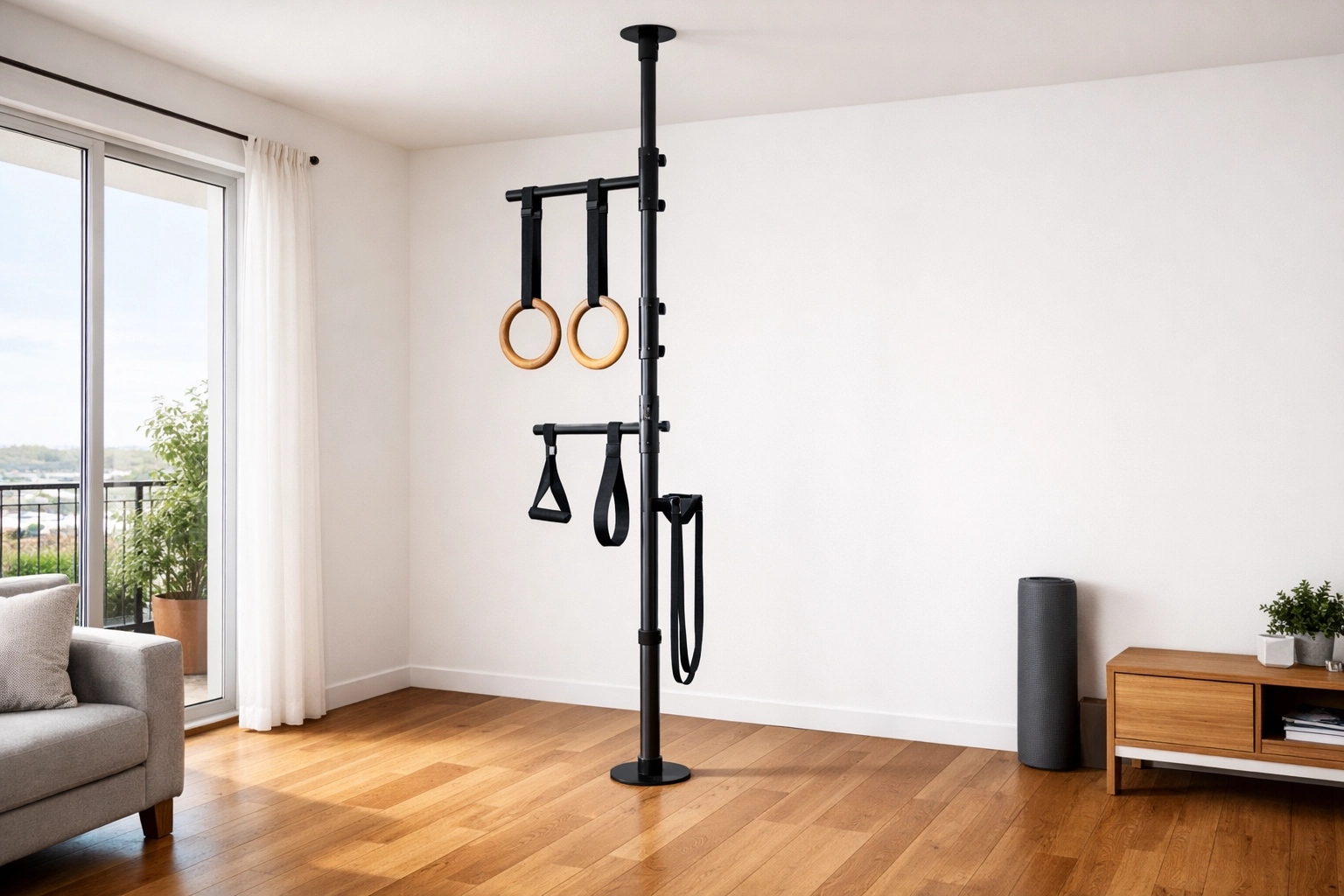 Floor-to-ceiling gym system with rings and resistance bands in apartment living room with no wall damage
