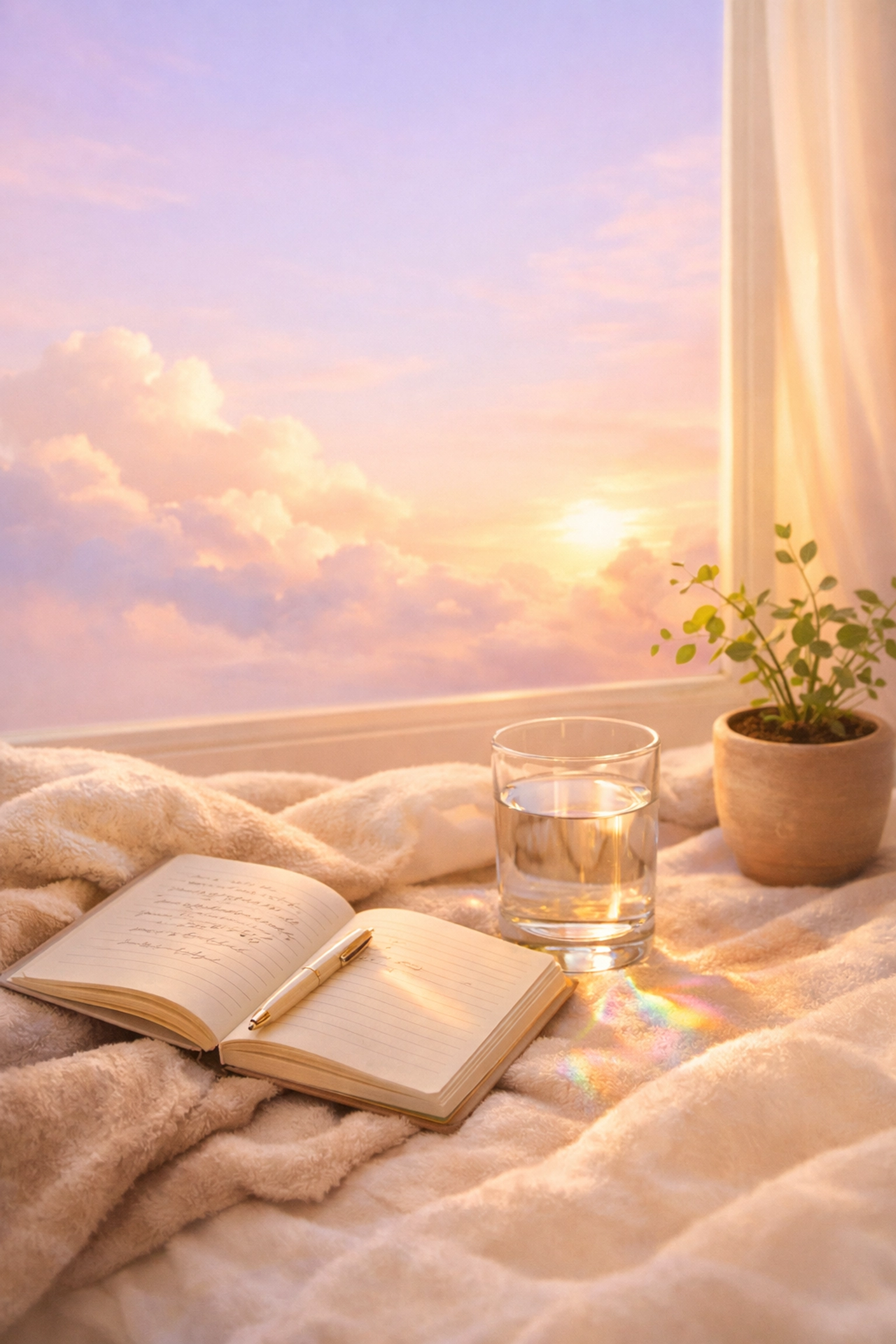 Self-care essentials after spiritual healing: journal, water, and peaceful space