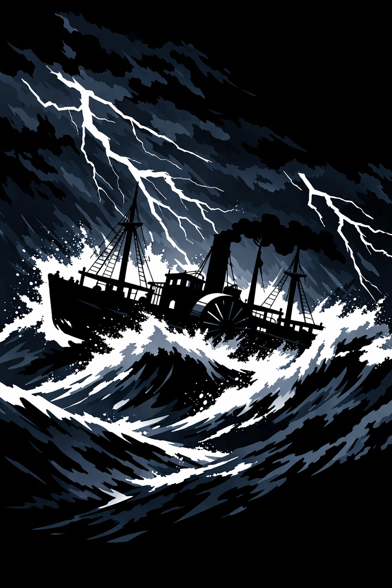Silhouette of the S.S. Central America Ship of Gold sinking in a violent Atlantic hurricane.