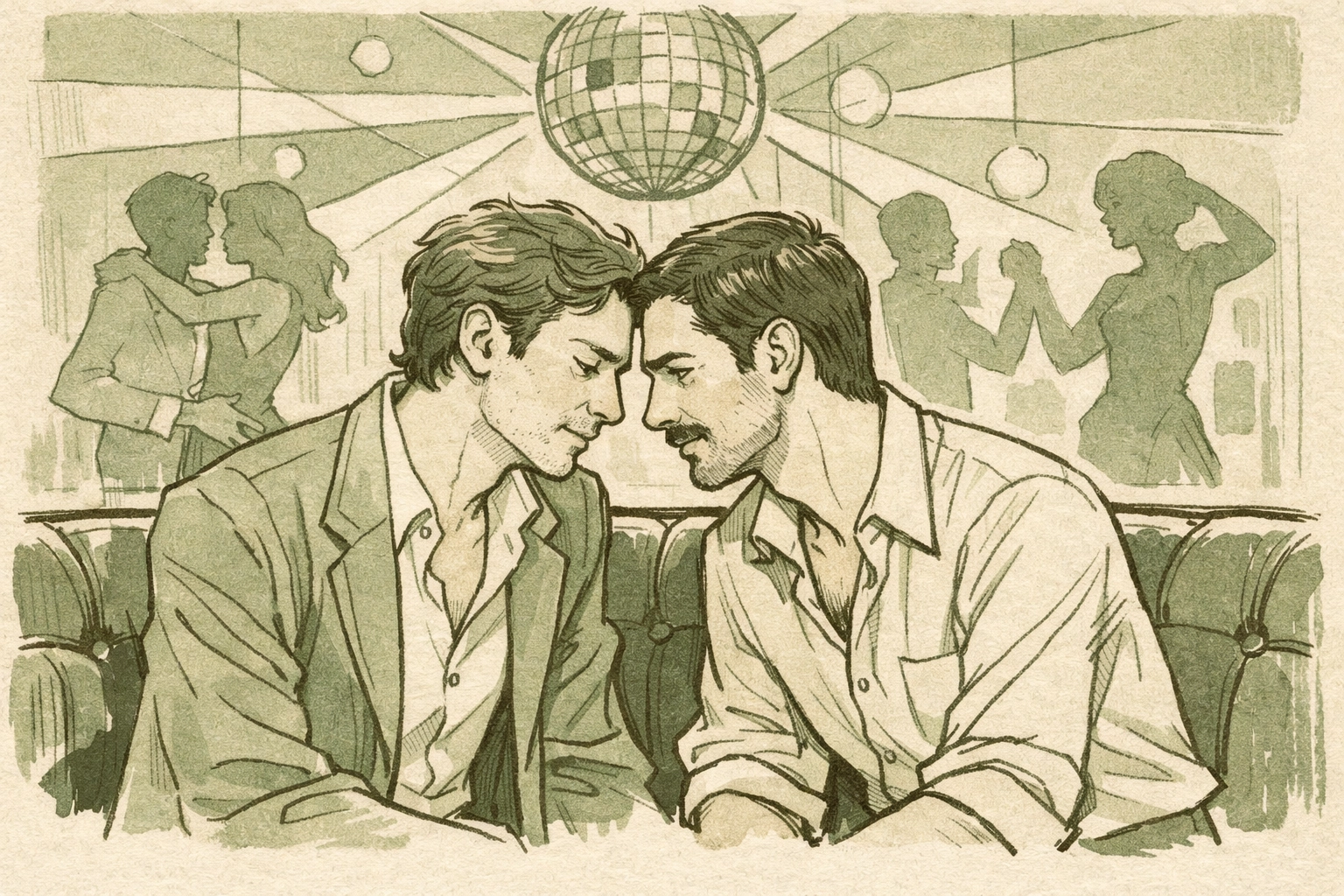 Gay couple sharing intimate moment at Studio 54 disco during 1970s LGBTQ+ liberation era