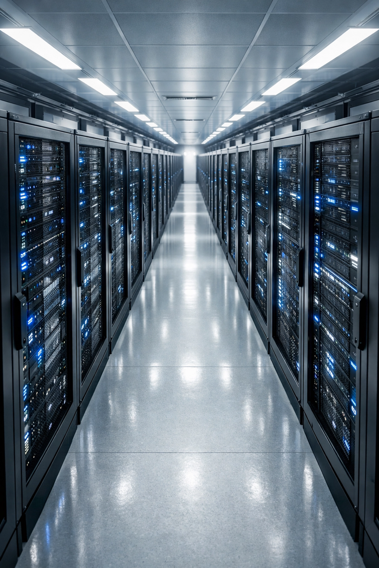 Modern data centre aisle with rows of enterprise server racks and high-scale AI infrastructure.