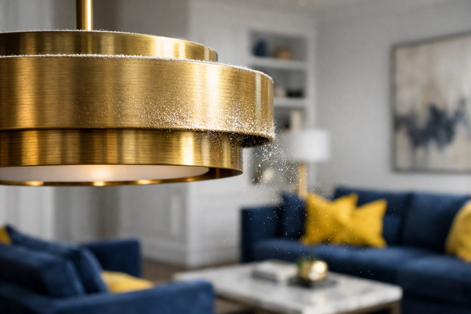 Gold pendant light fixture covered in fine construction dust in a modern living room.