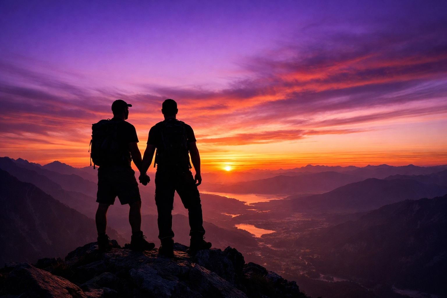 A gay couple holding hands on a mountain peak at sunset, representing the joy and freedom found in modern MM romance books.