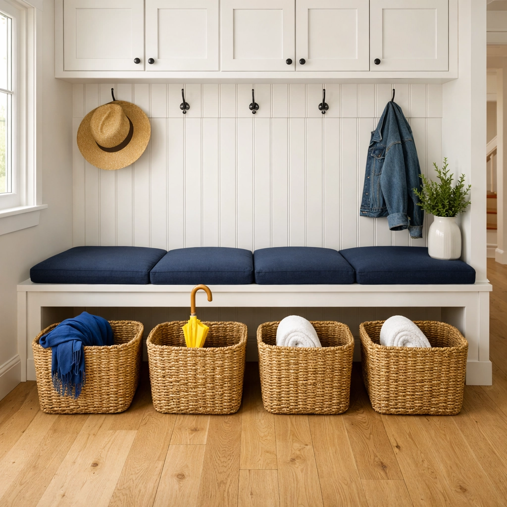 Organized Lunenburg mudroom with sorting baskets demonstrating the 4-box decluttering method.