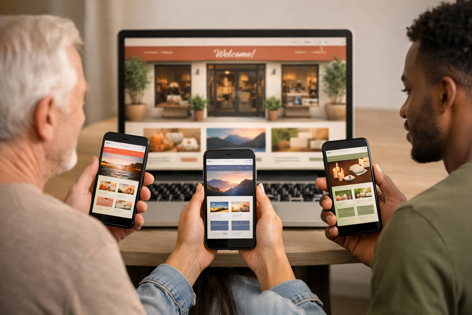 Diverse customers seeing personalized website designs on their phones, showing how a website redesign helps conversion.