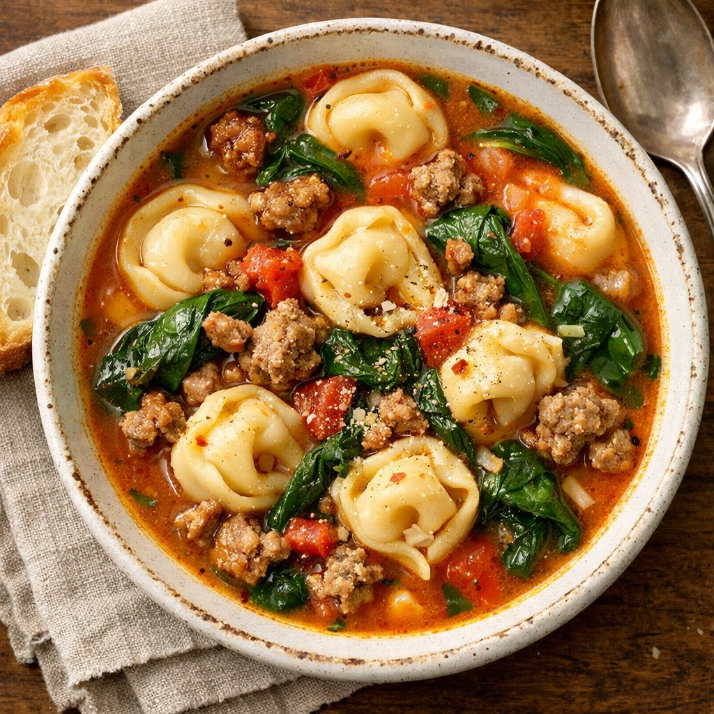 15 Cheap Dinners Under $10 Hearty sausage and tortellini soup with spinach in a bowl, a quick and cheap one-pan dinner.