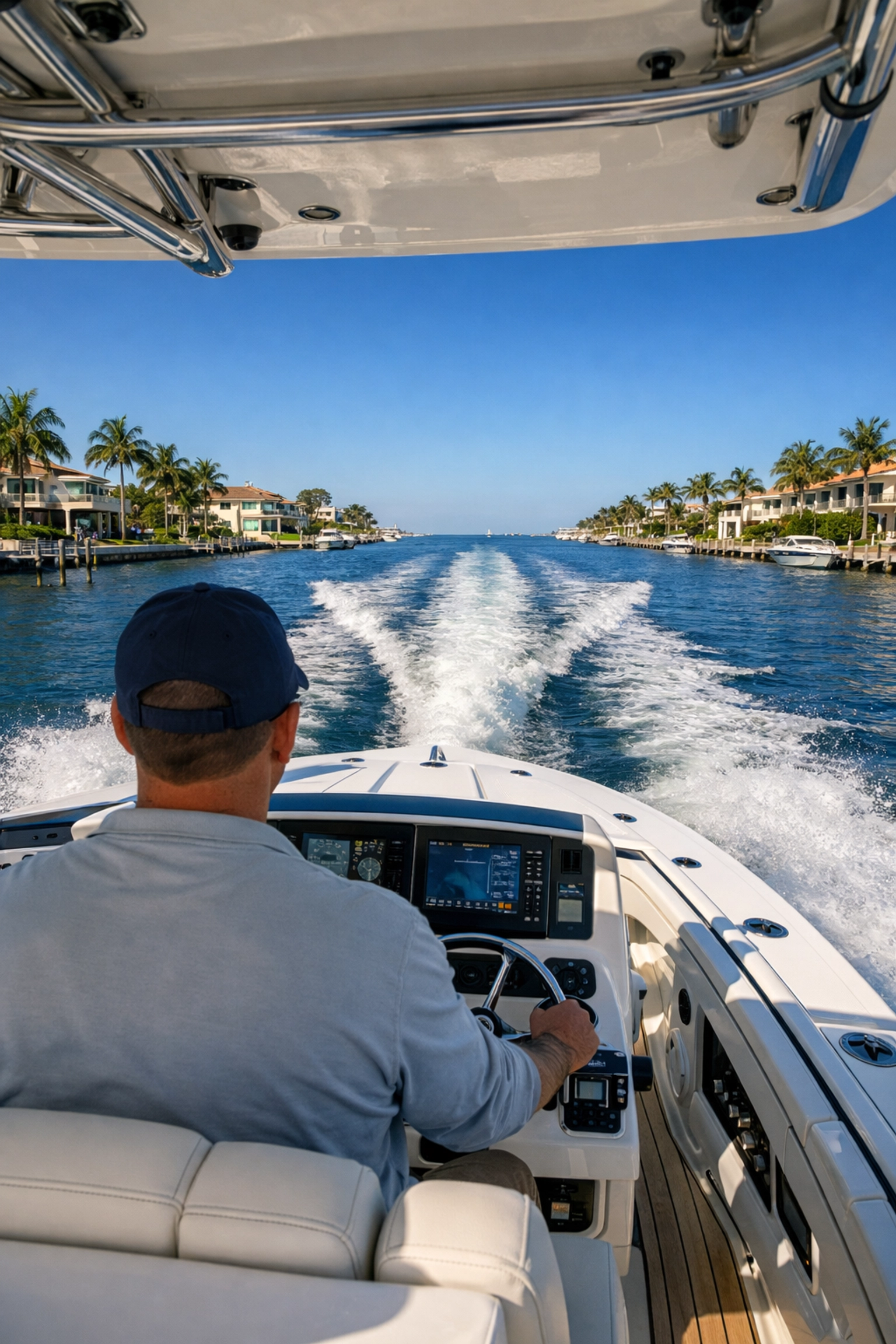 Luxury boat cruising past waterfront estates toward the Gulf of Mexico in Cape Coral.