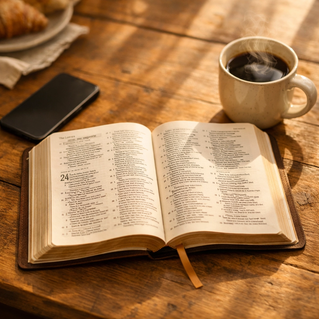 Morning table with open Bible, coffee, and phone face-down showing intentional news routine