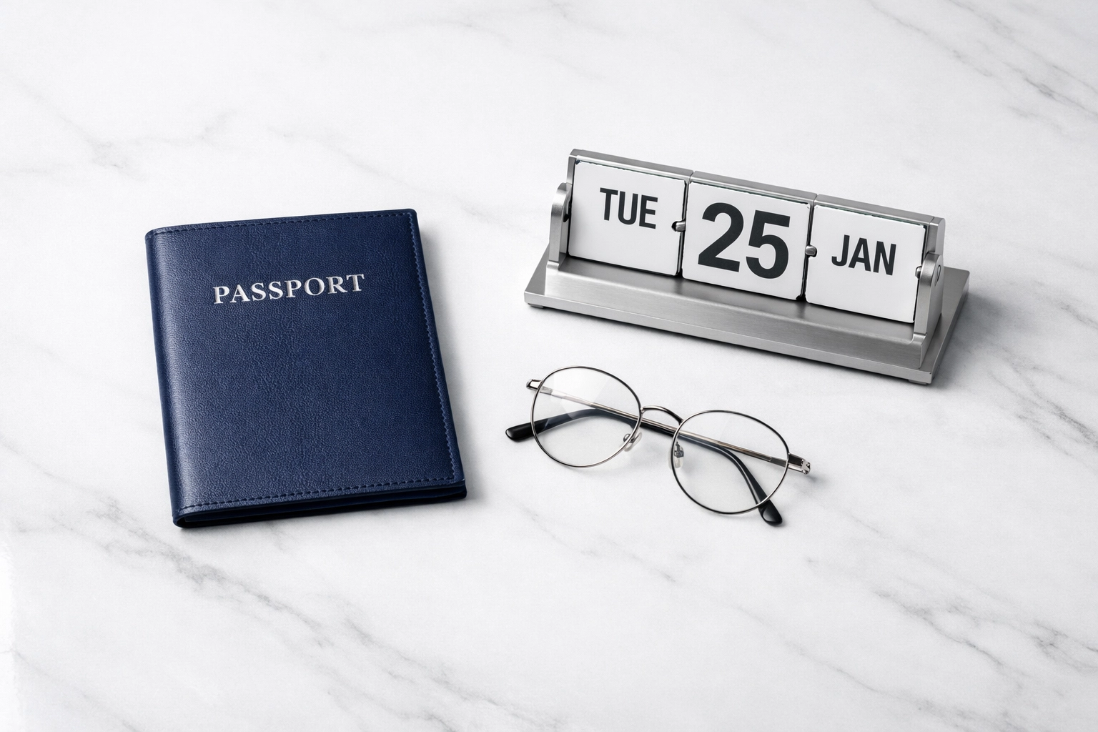 Passport and desk calendar on a marble table used for tracking residency and tax optimization in Vietnam.
