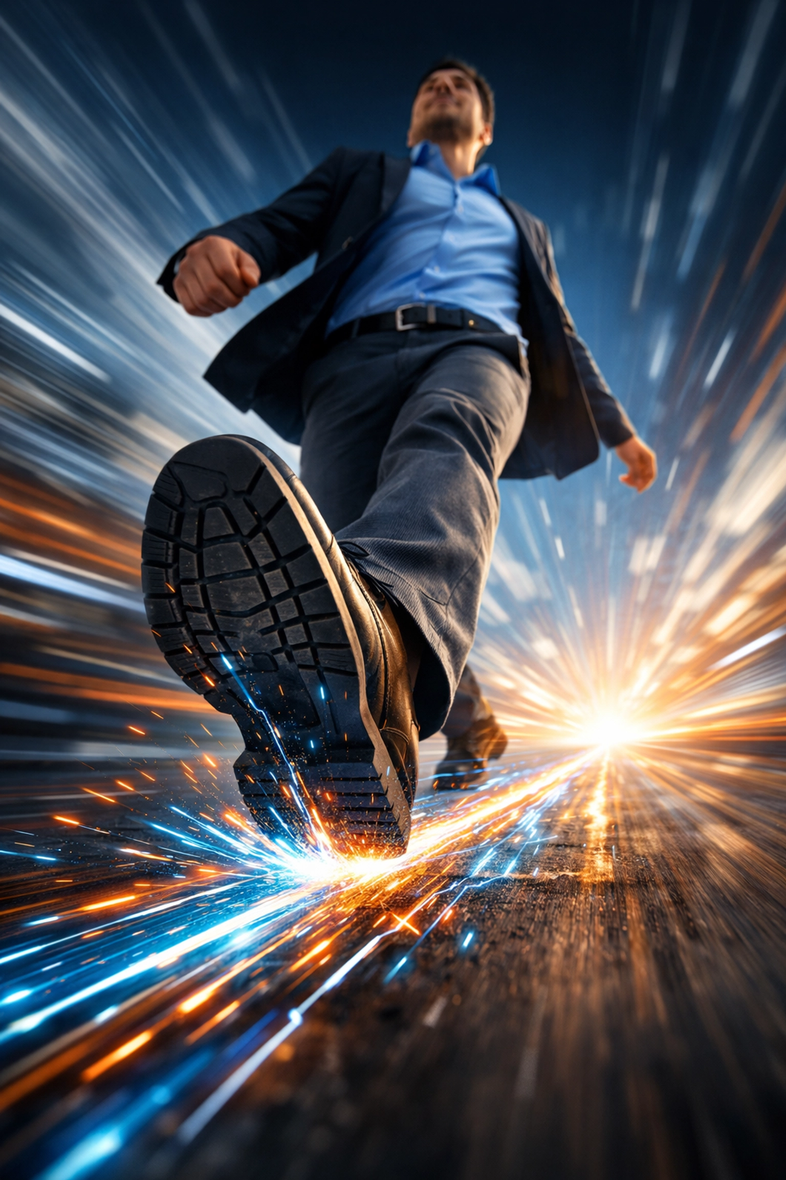 Professional stepping toward a digital future using custom AI agents to scale business growth.