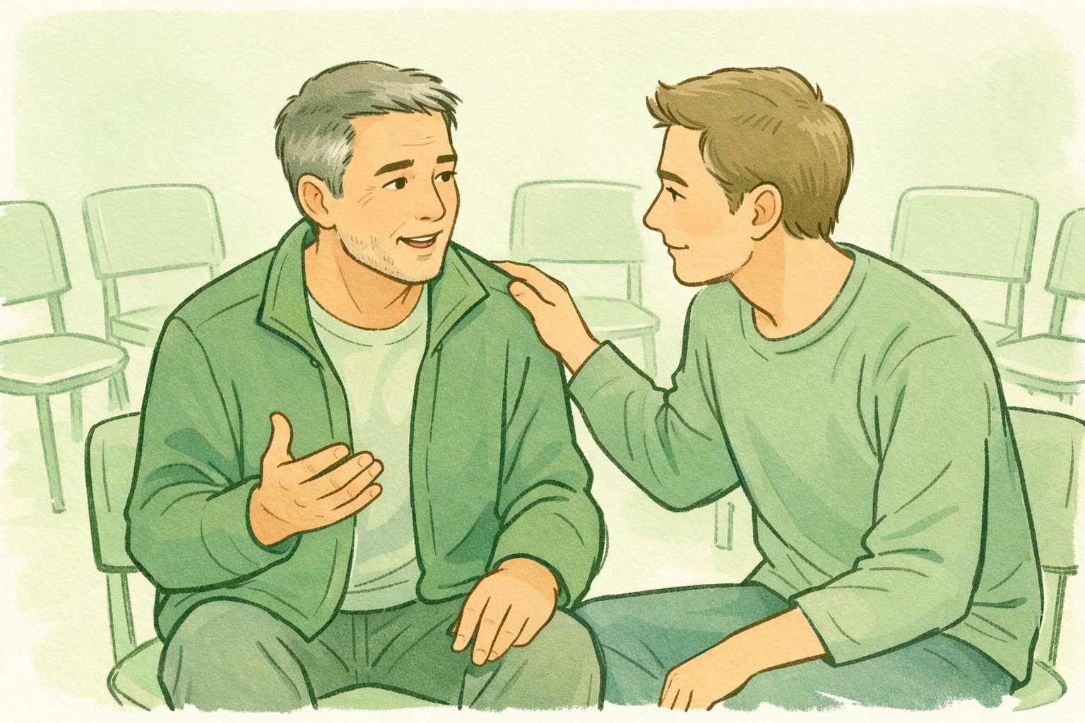 Gay men sharing experiences in LGBTQ+ support group for midlife coming out