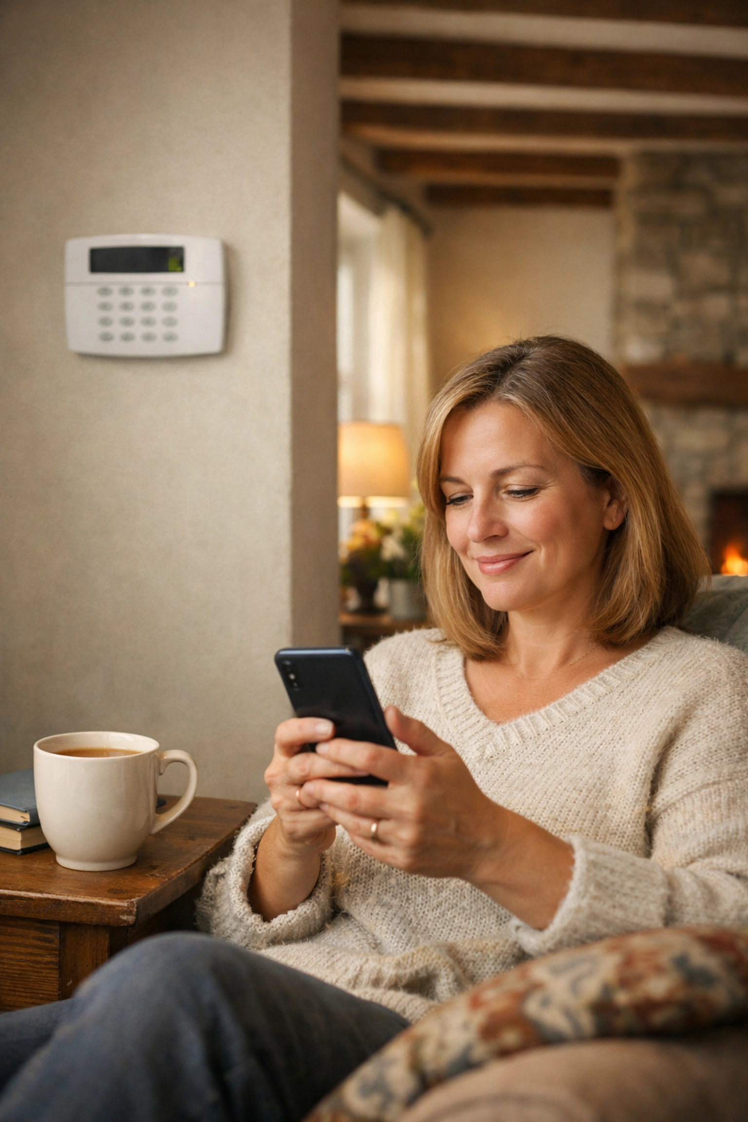 Homeowner in Abergavenny using a security app near a discreetly mounted intruder alarm keypad.