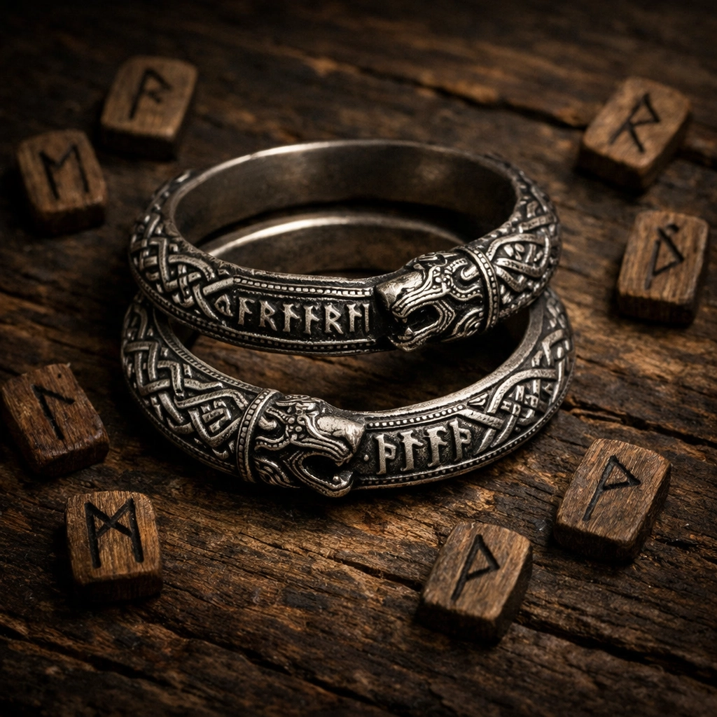 Viking silver rings and carved rune tokens exchanged between male lovers