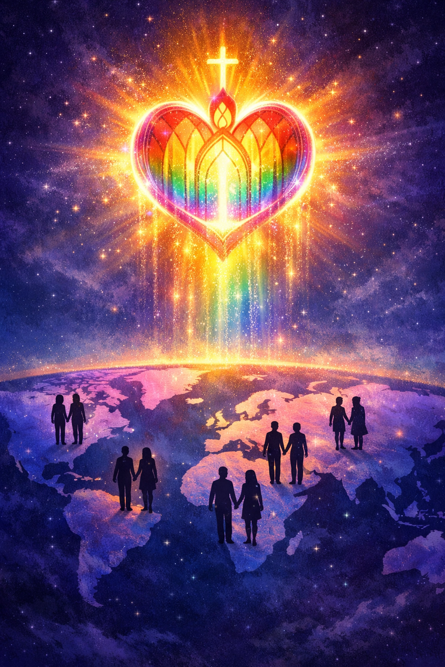 Heart-shaped chapel with rainbow light above world map showing global LGBTQ+ love and faith