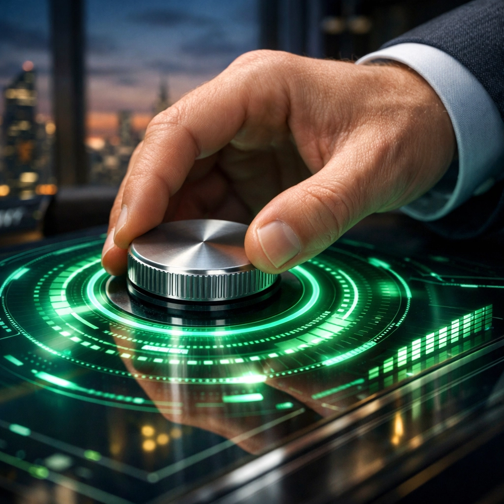 Executive adjusting a control dial representing the Anytime-Exit strategy for flexible business funding.