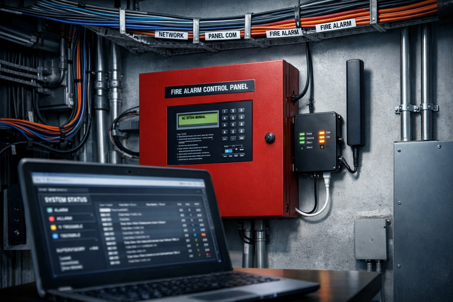 Professional fire alarm system installation with dual-path communicator and organized cable management
