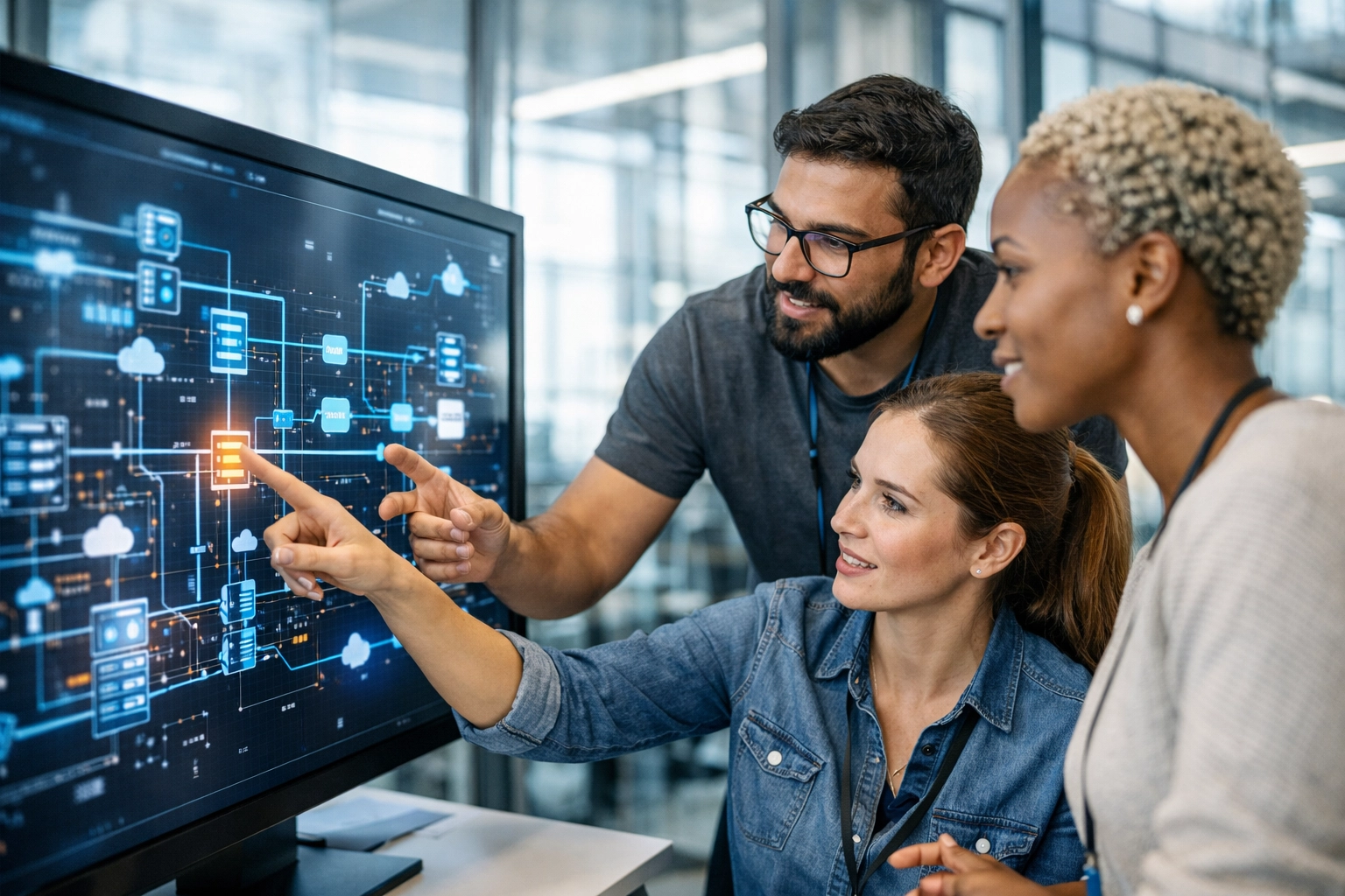 IT specialists using ServiceNow ITOM and AIOps data to reduce MTTR in a modern workspace.